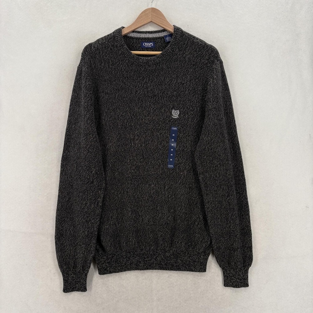 Chaps Sweater Mens Medium Gray 100% Cotton Crewneck Knit Logo Casual Warm NWT